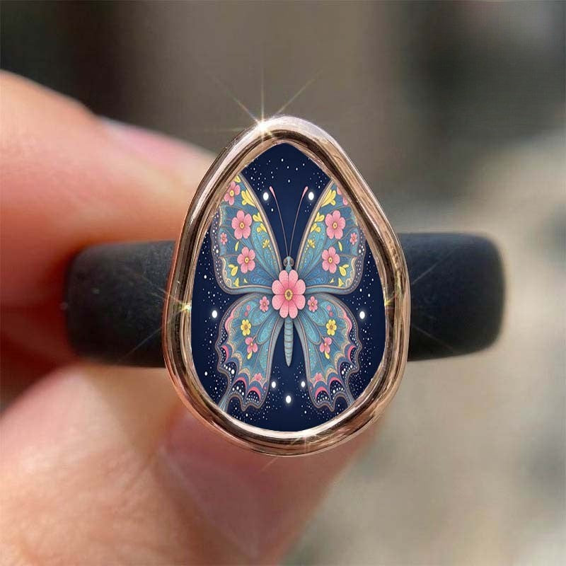 Starry Night Floral Butterfly Teardrop Ring