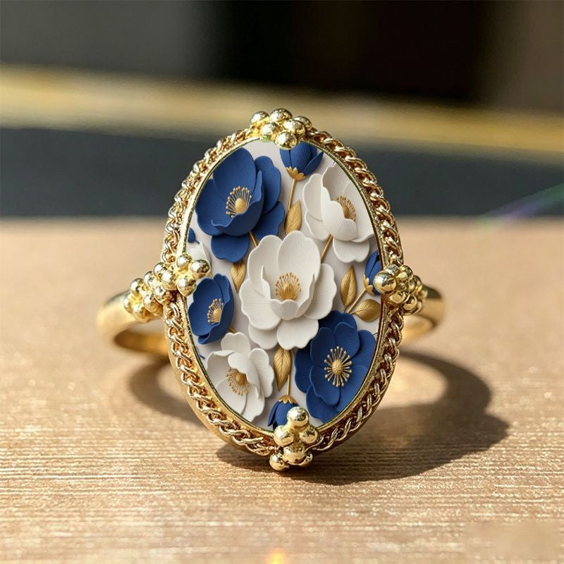 Blue & White Floral Oval Ring