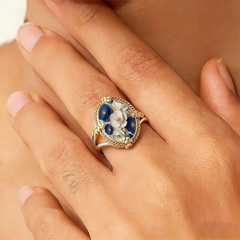 Blue & White Floral Oval Ring