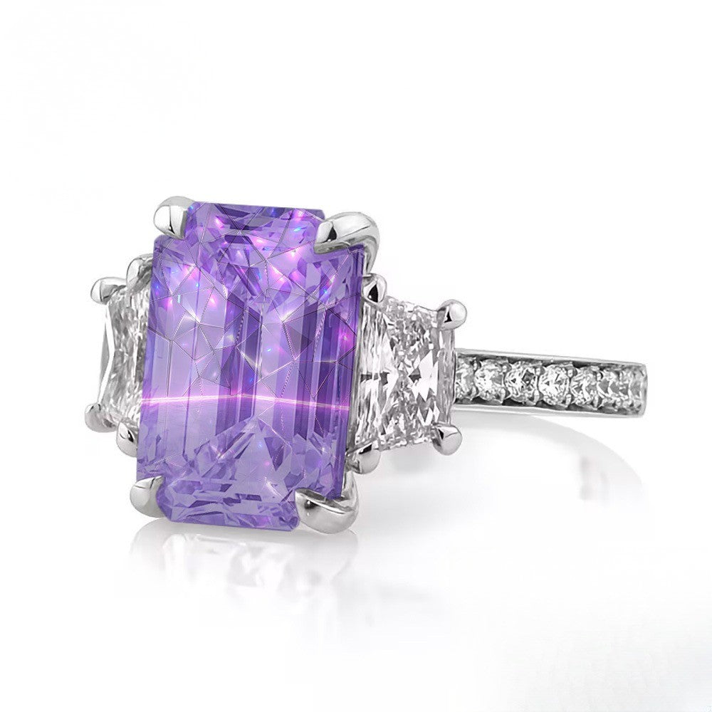 Purple Emerald Cut Three Stone Ring