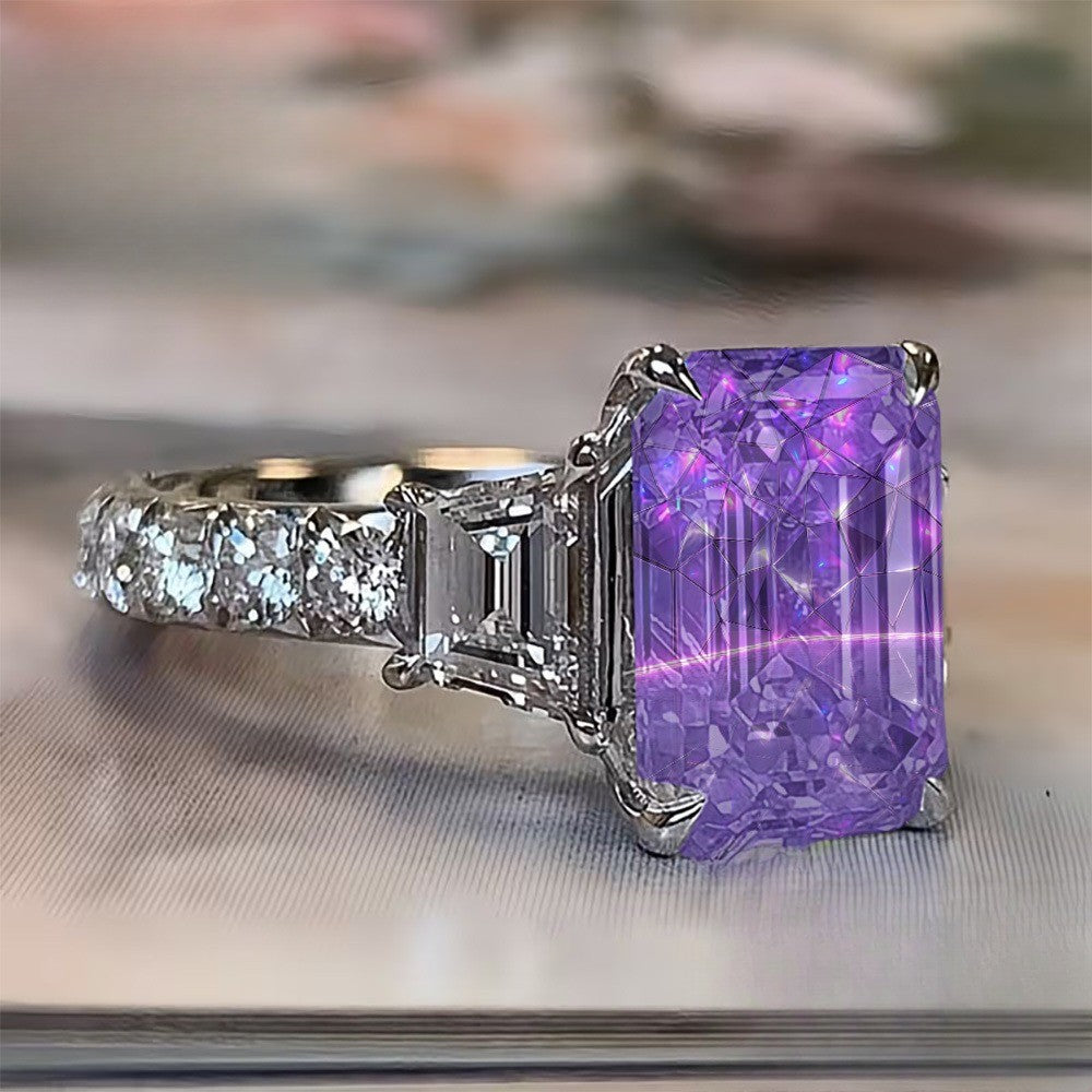 Purple Emerald Cut Three Stone Ring