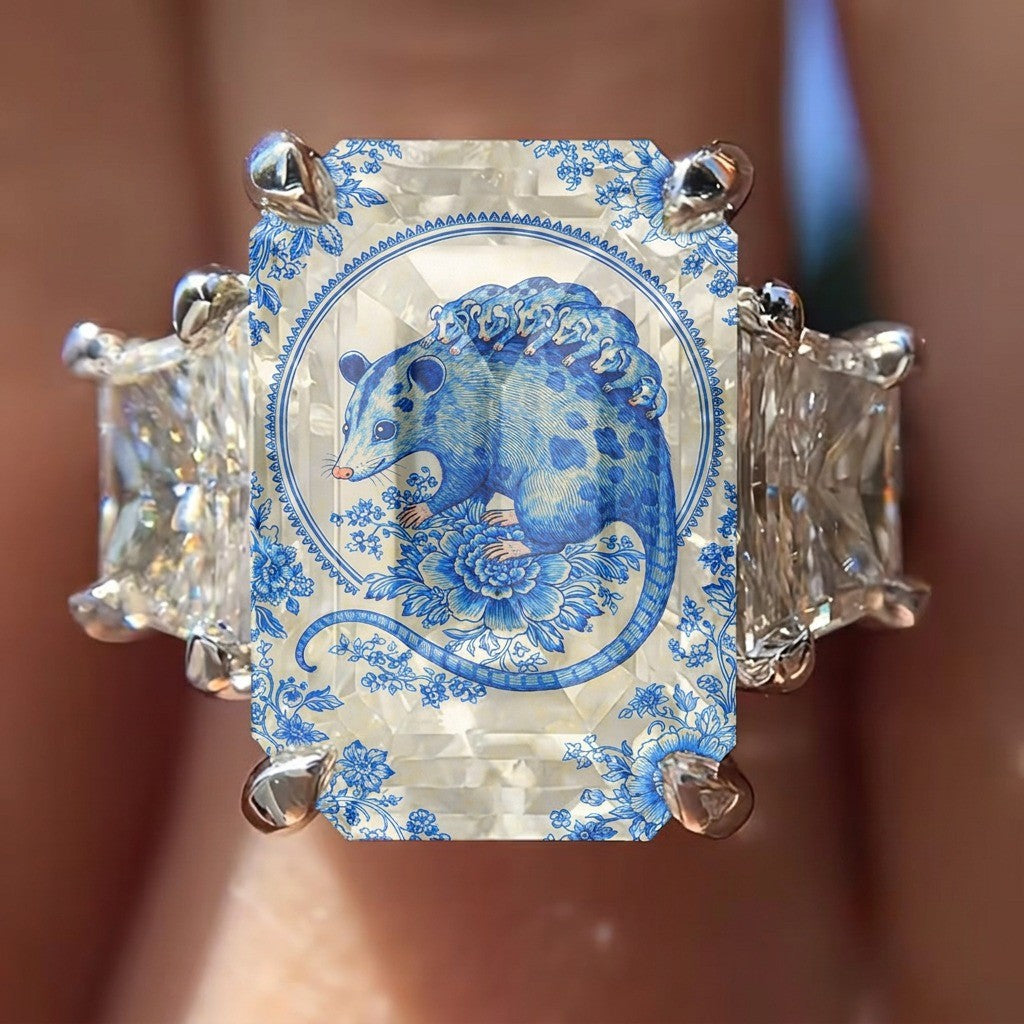 Blue Porcelain Opossum Square Ring