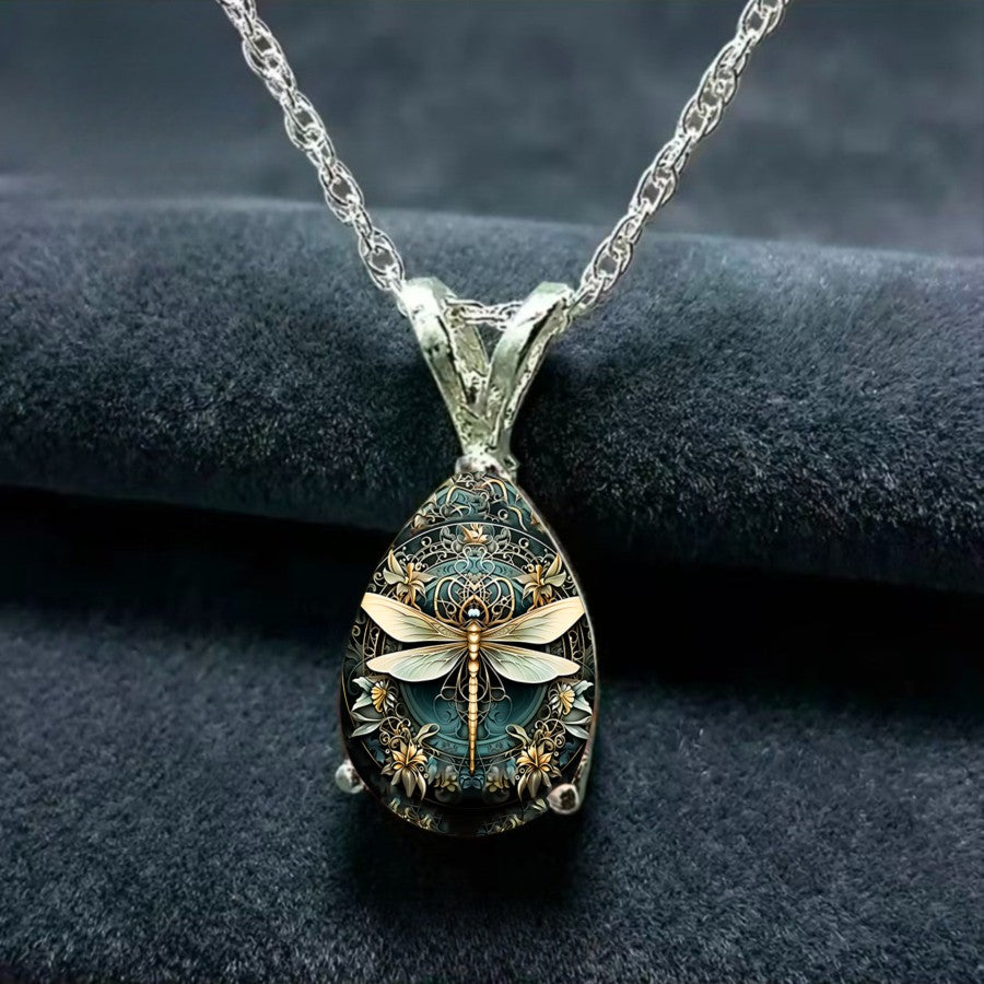 Teal Dragonfly Floral Necklace