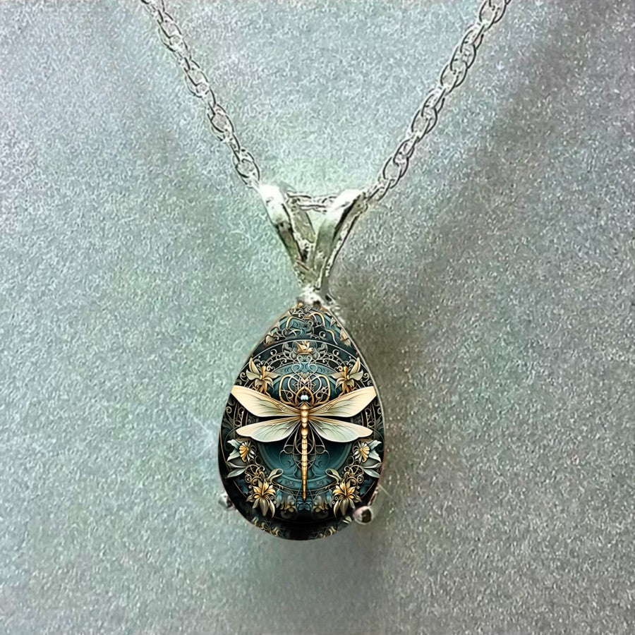 Teal Dragonfly Floral Necklace