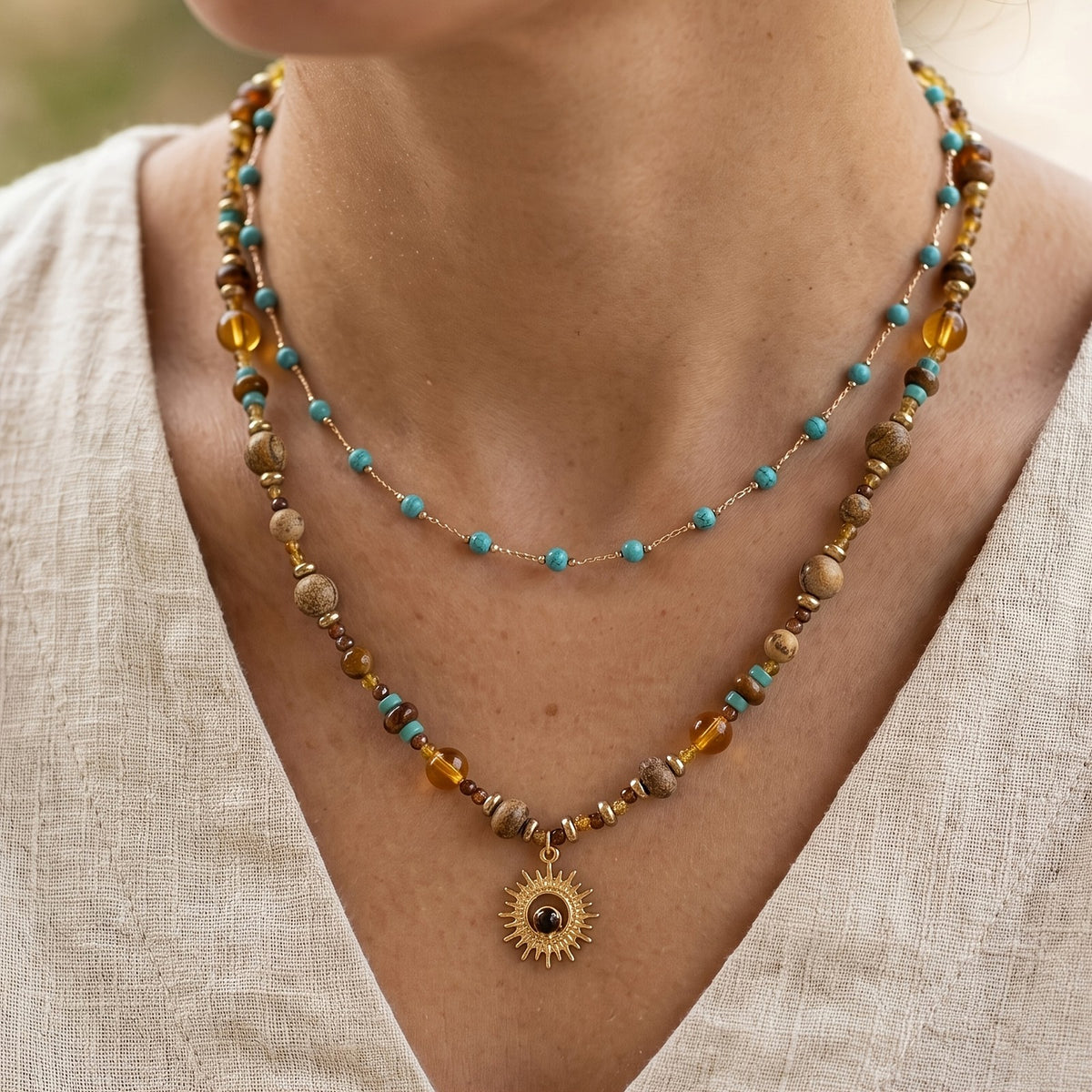 Sun Charm Layered Turquoise Necklace Set