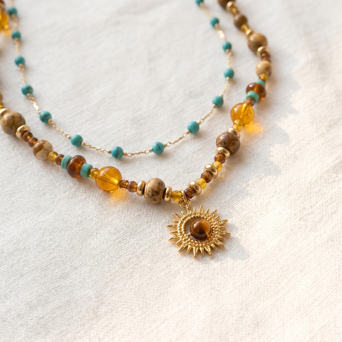 Sun Charm Layered Turquoise Necklace Set