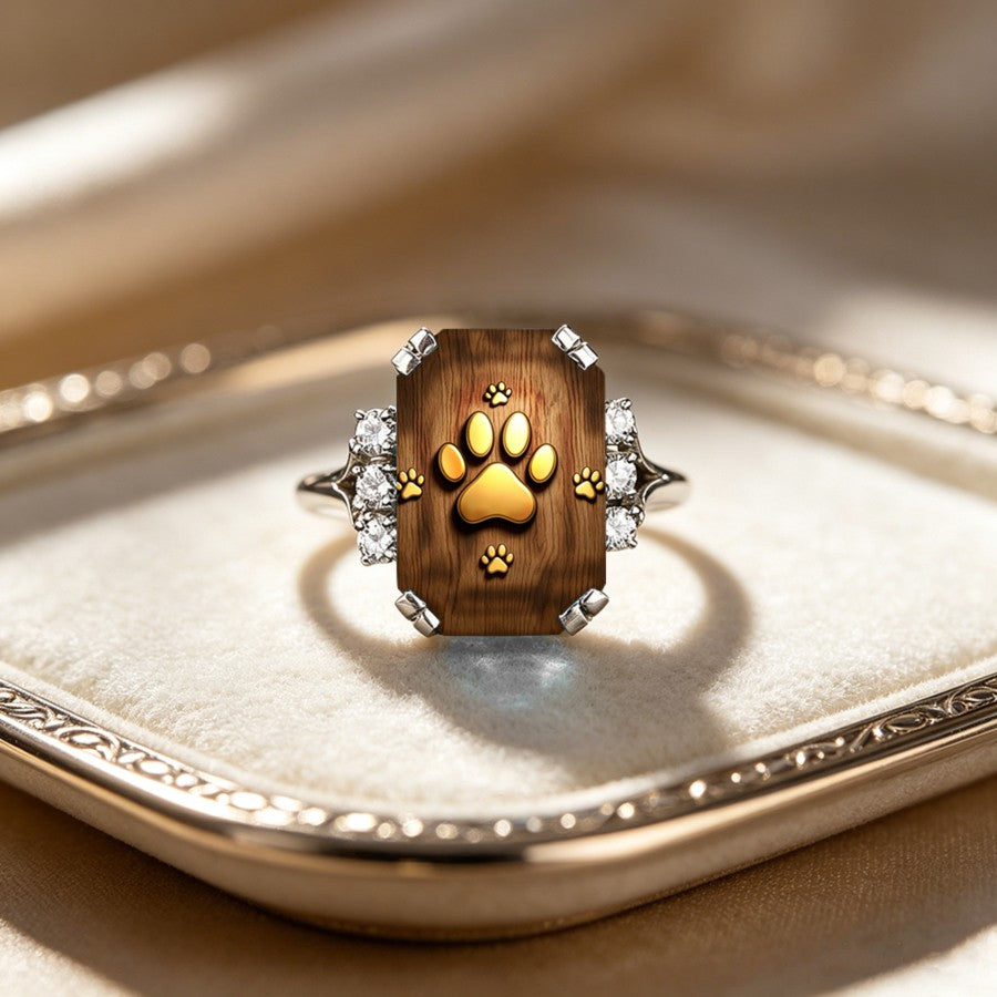 Wood Grain Paw Print Square Ring