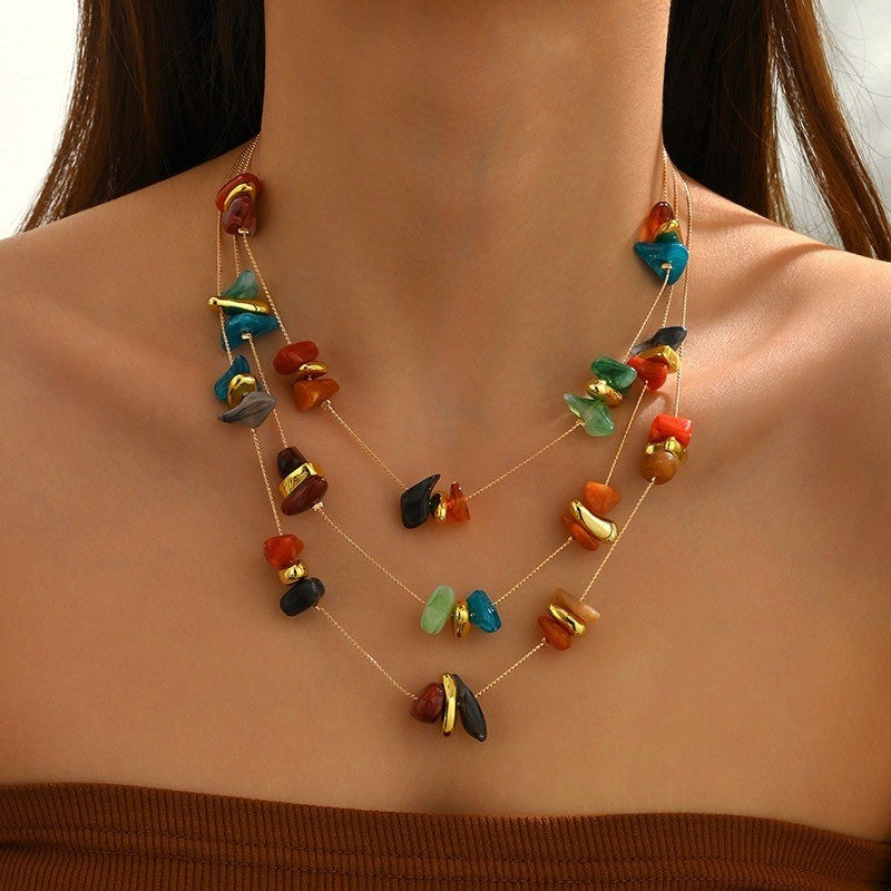 Multi-Color Stone Layered Necklace