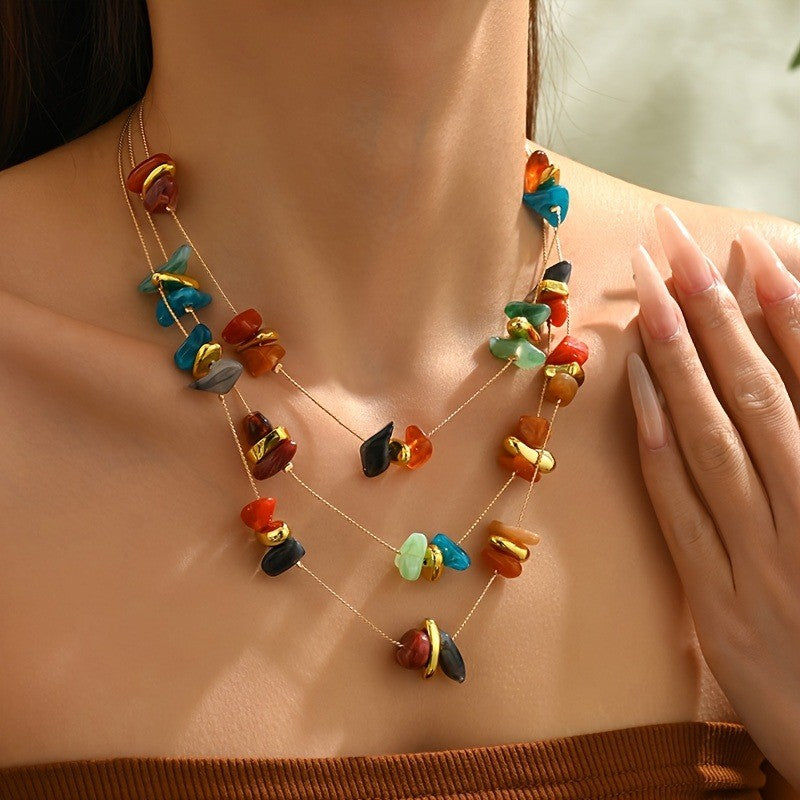 Multi-Color Stone Layered Necklace