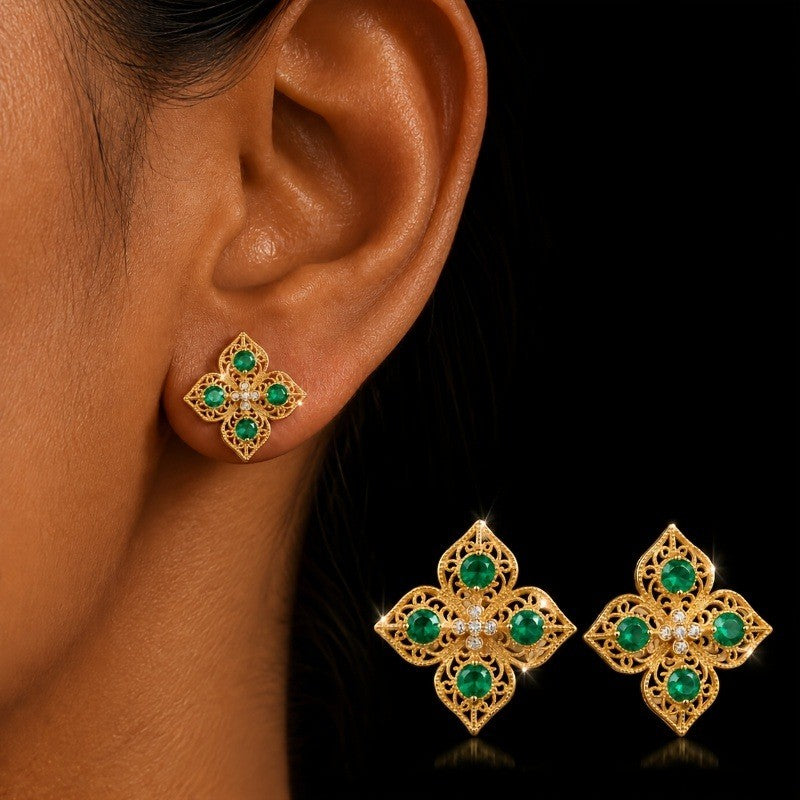 Green Zircon Filigree Flower Stud Earrings