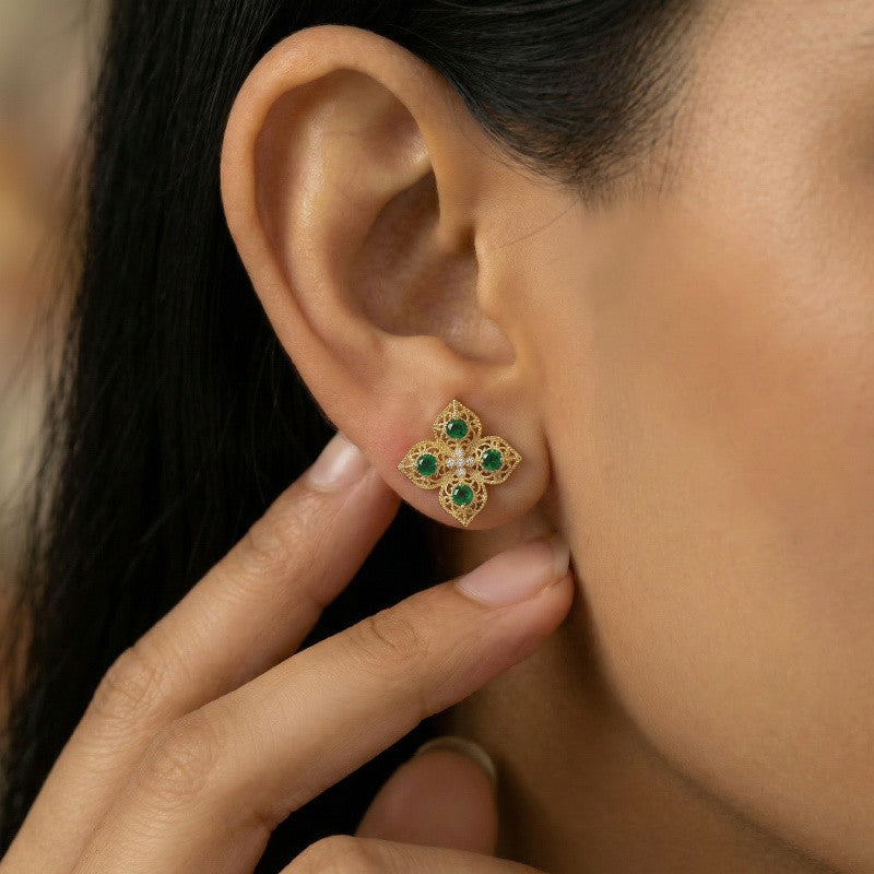 Green Zircon Filigree Flower Stud Earrings