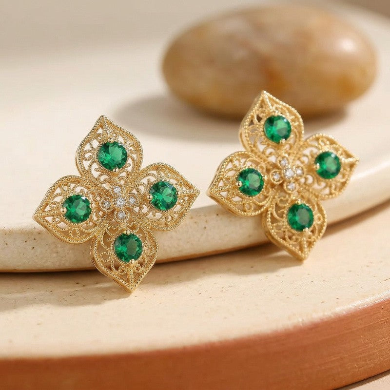 Green Zircon Filigree Flower Stud Earrings
