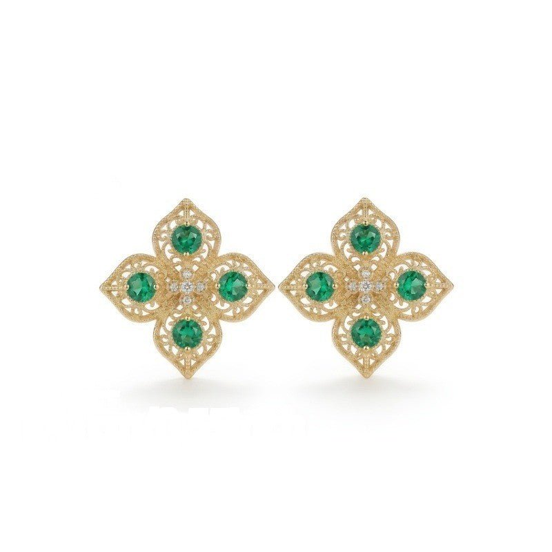 Green Zircon Filigree Flower Stud Earrings