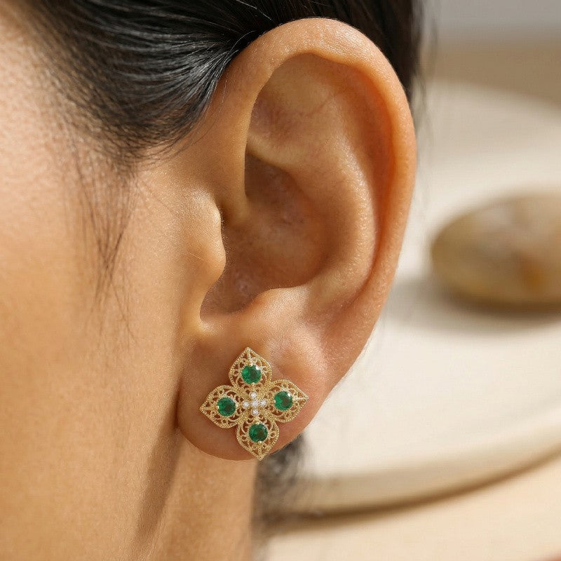 Green Zircon Filigree Flower Stud Earrings