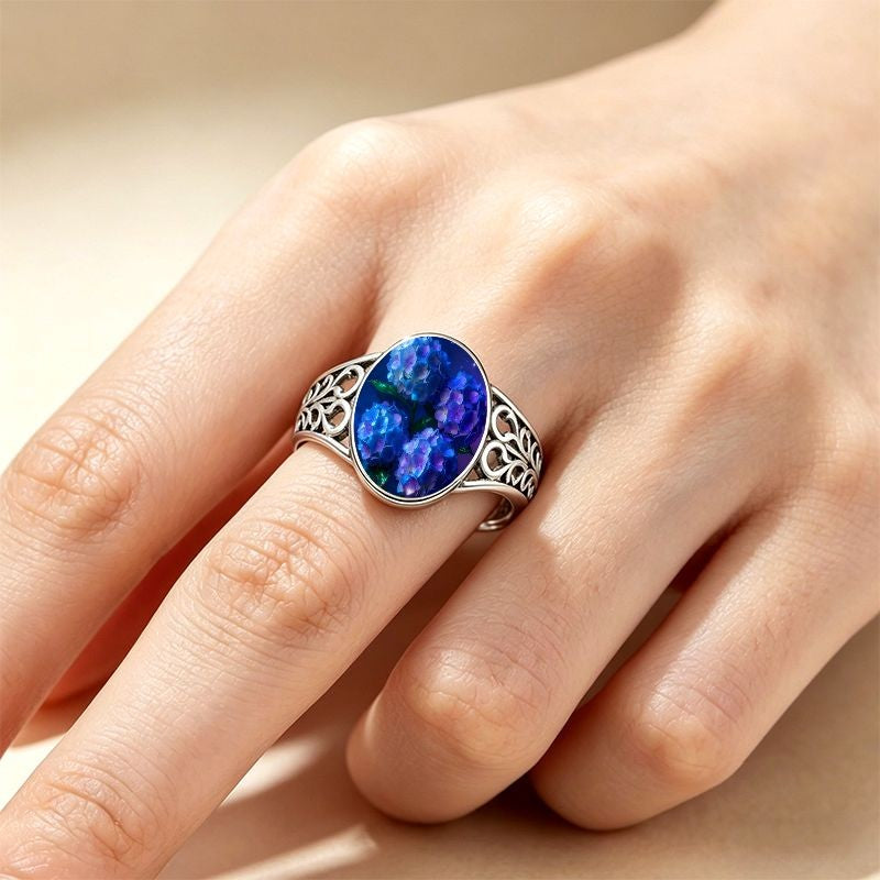 Blue Hydrangea Filigree Ring