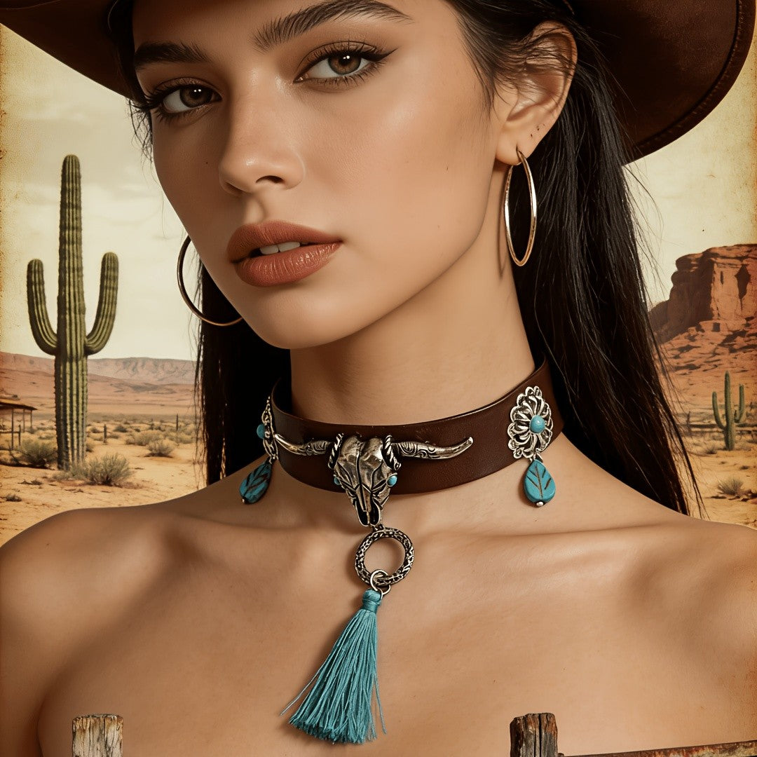 Bull Skull Tassel Choker Necklace