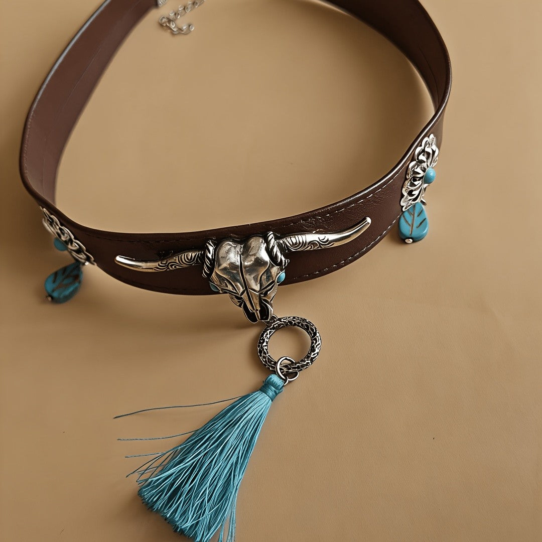 Bull Skull Tassel Choker Necklace