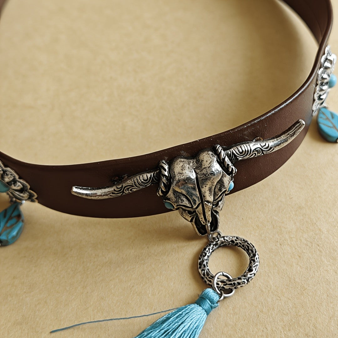 Bull Skull Tassel Choker Necklace