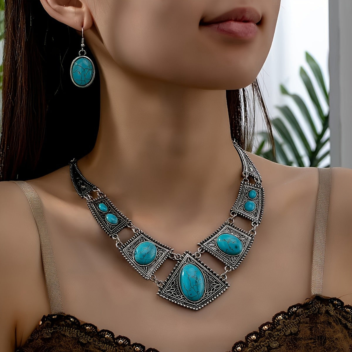Turquoise Diamond Link Necklace & Earring Set