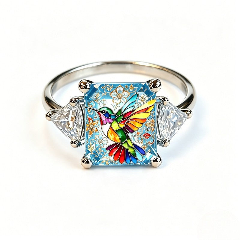 Rainbow Hummingbird & Crystal Square Ring