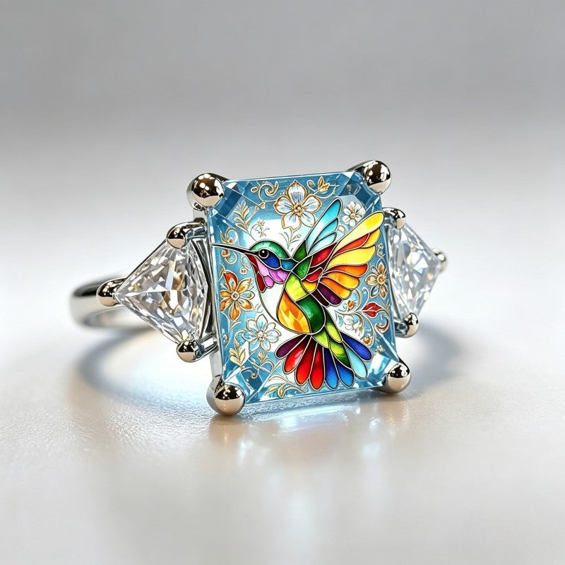 Rainbow Hummingbird & Crystal Square Ring
