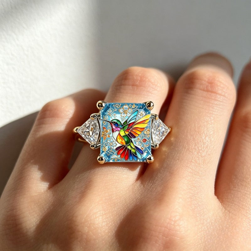 Rainbow Hummingbird & Crystal Square Ring