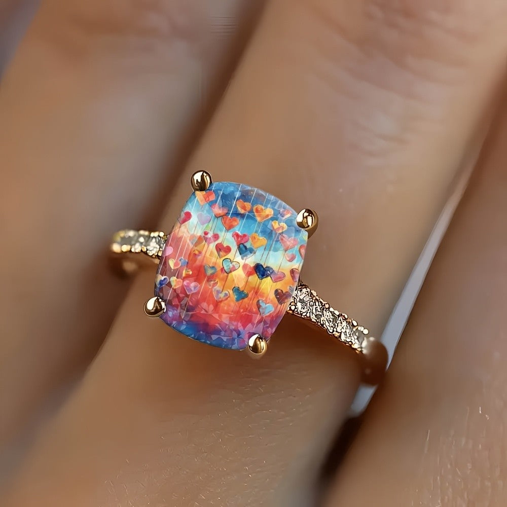 Colorful Falling Hearts Square Ring