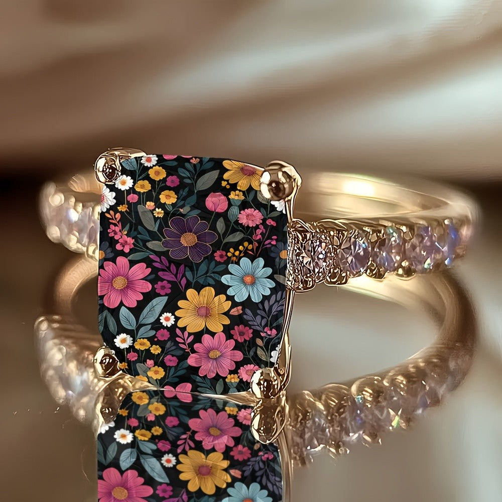 Colorful Floral Square Ring & Bracelet Set