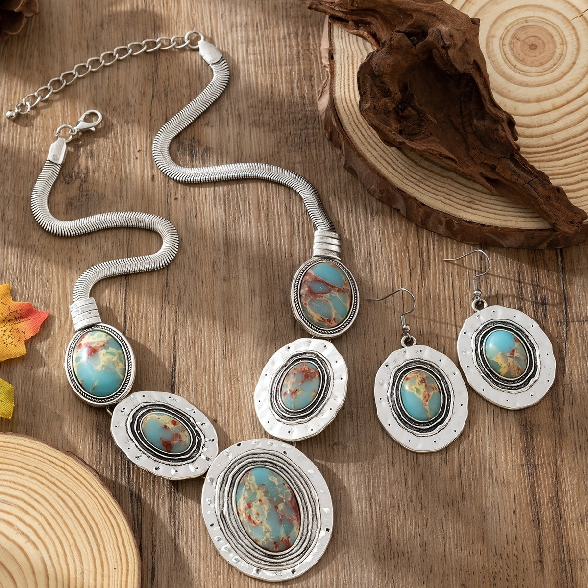 Marbled Stone Oval Jewelry Set