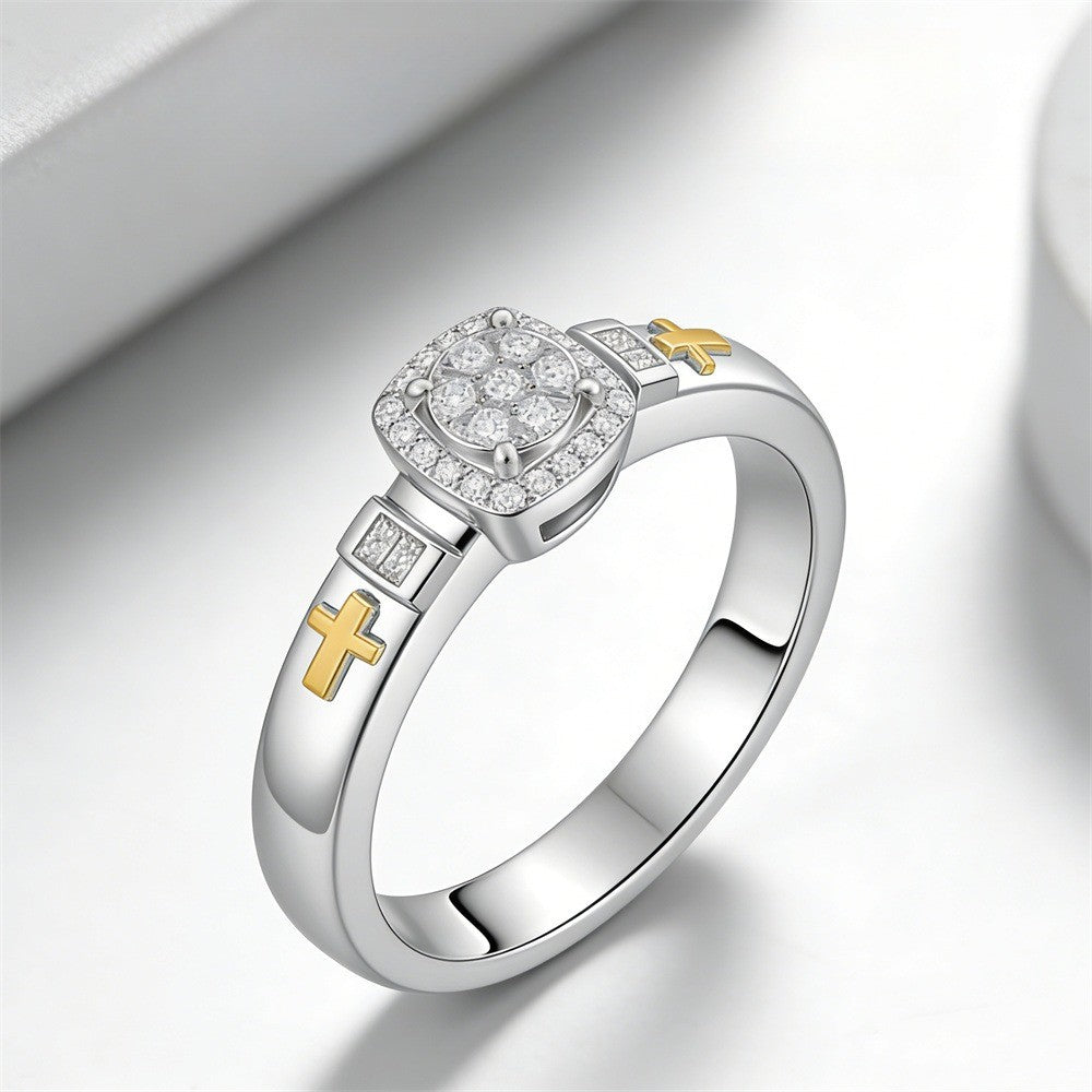 Two-Tone Cross & Crystal Ring