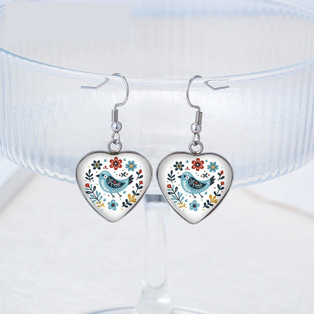 Folk Art Bird Heart Earrings