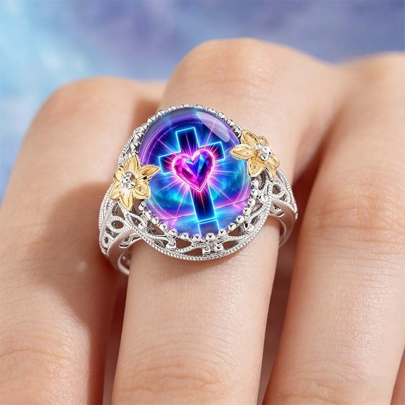 Neon Cross Heart Floral Ring
