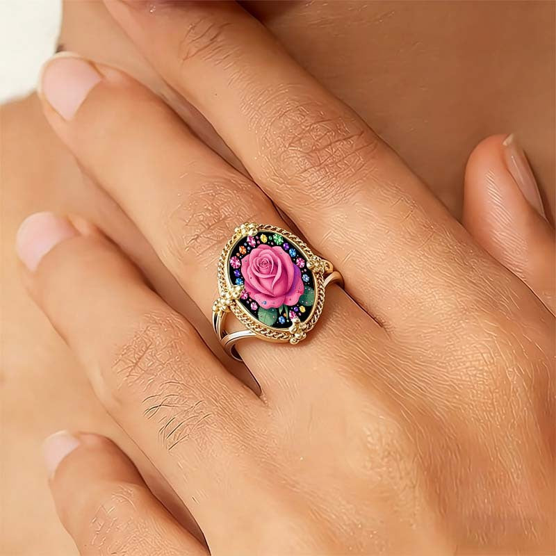 Pink Rose & Rainbow Jewel Oval Ring