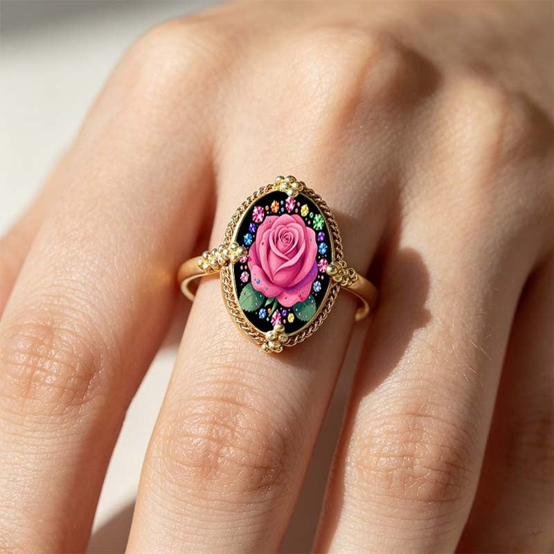 Pink Rose & Rainbow Jewel Oval Ring