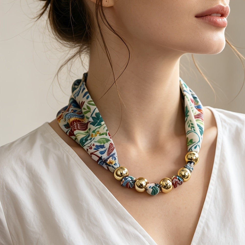 Floral Print Beaded Neck Scarf