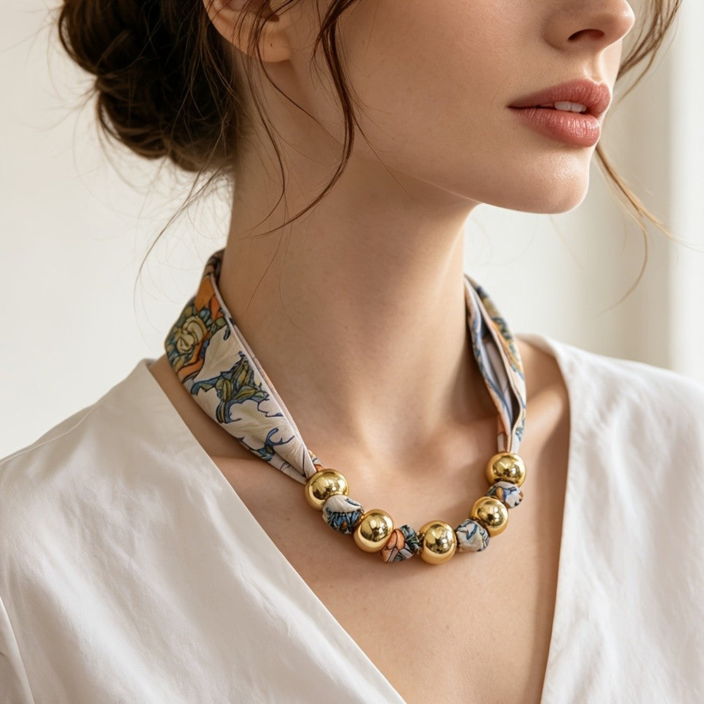 Floral Print Beaded Neck Scarf