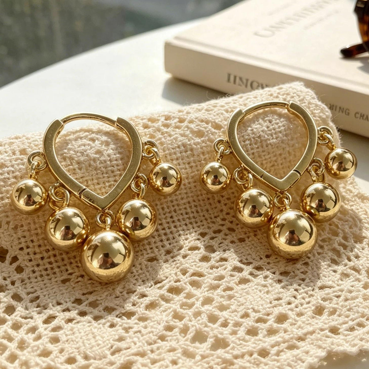 Gold-Tone Heart Bead Hoop Earrings