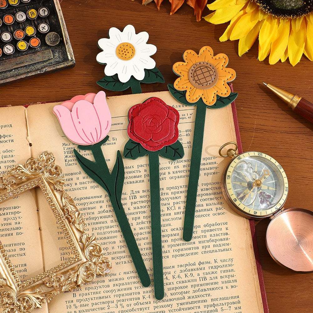 Faux Leather Flower Bookmark Set