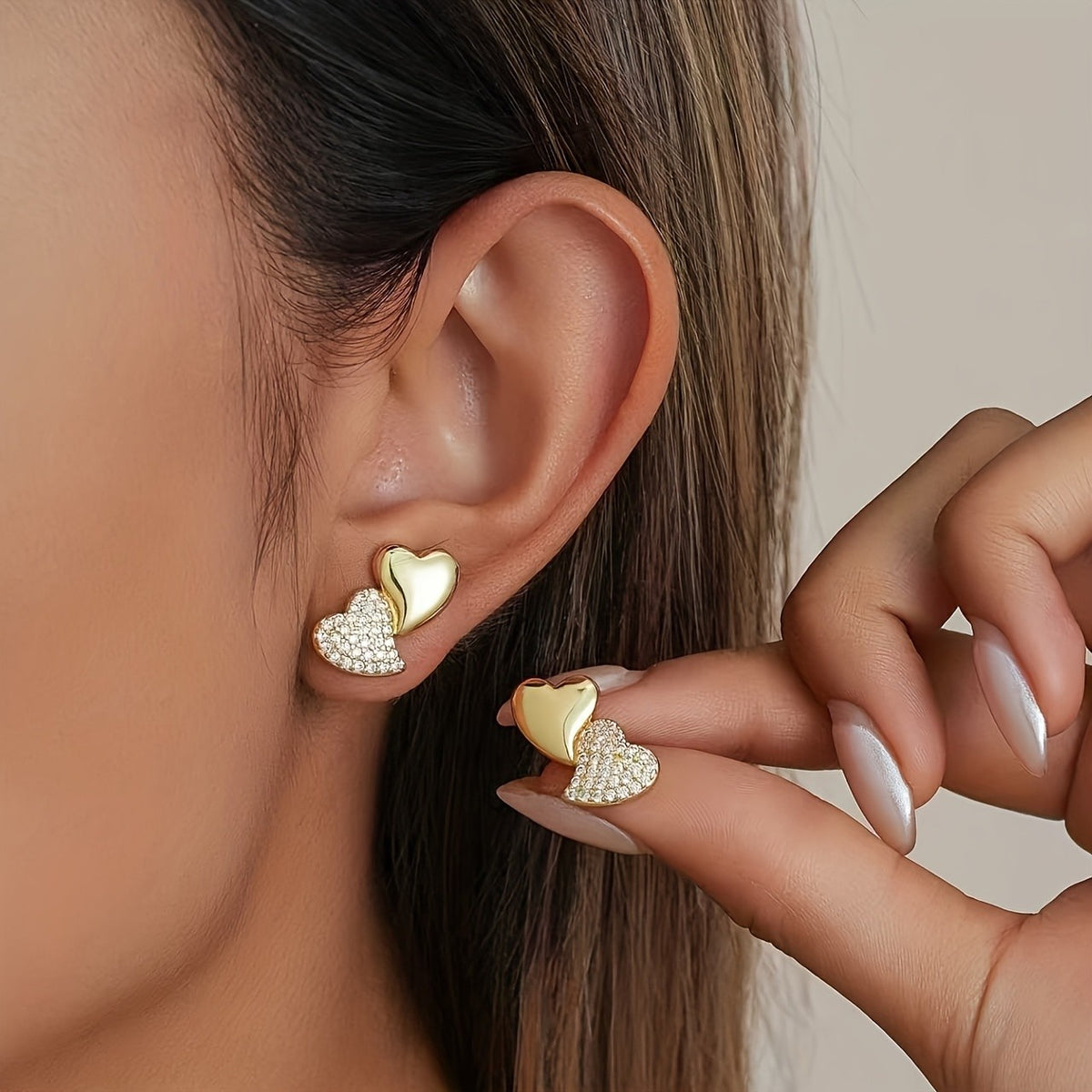 Polished & Crystal Heart Stud Earrings