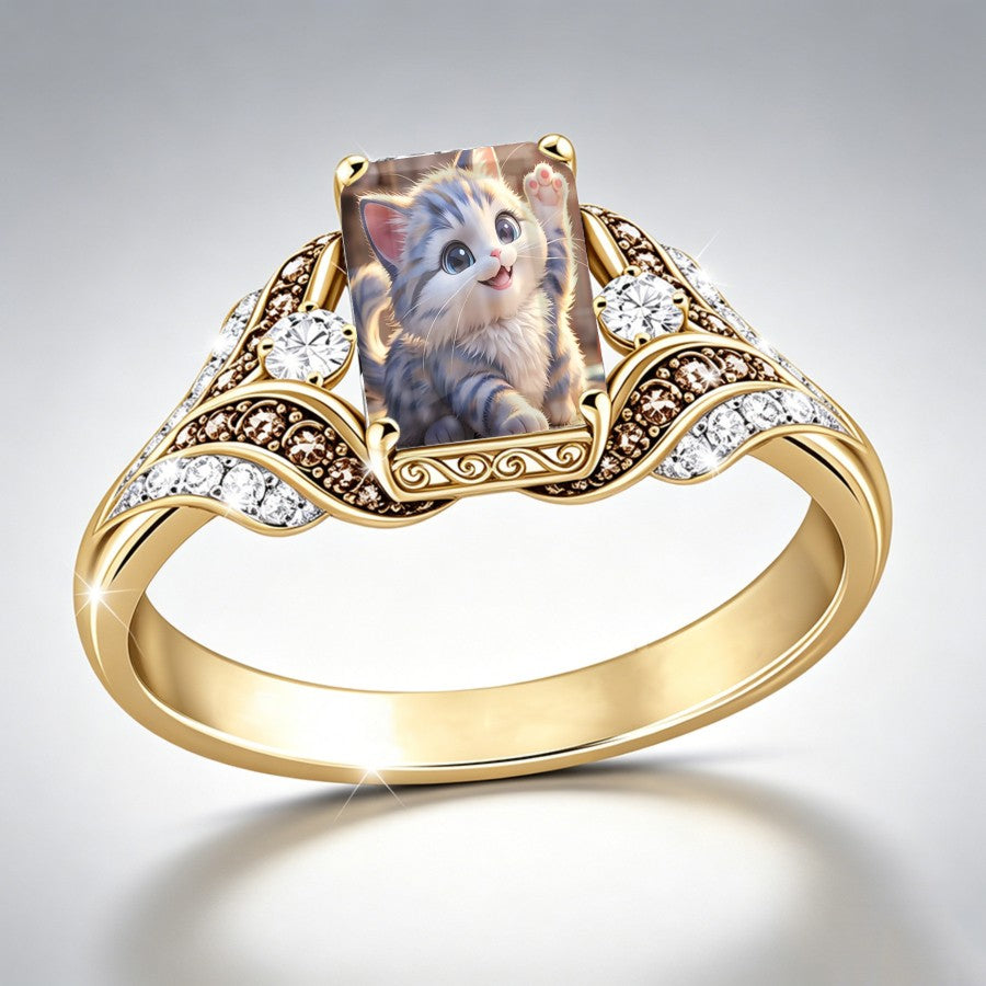 Waving Kitten Crystal Square Ring