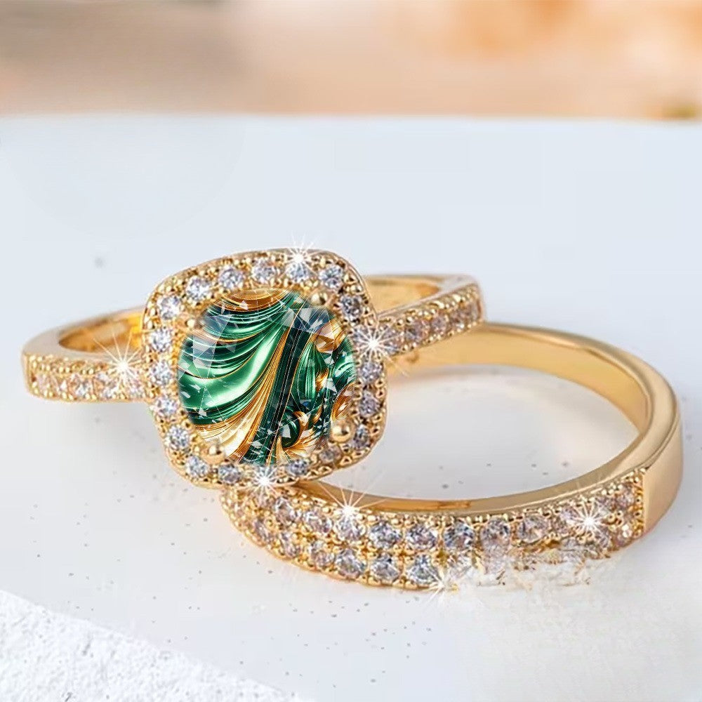 Green Marble Square Ring Set