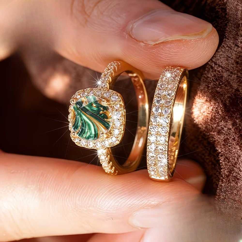 Green Marble Square Ring Set