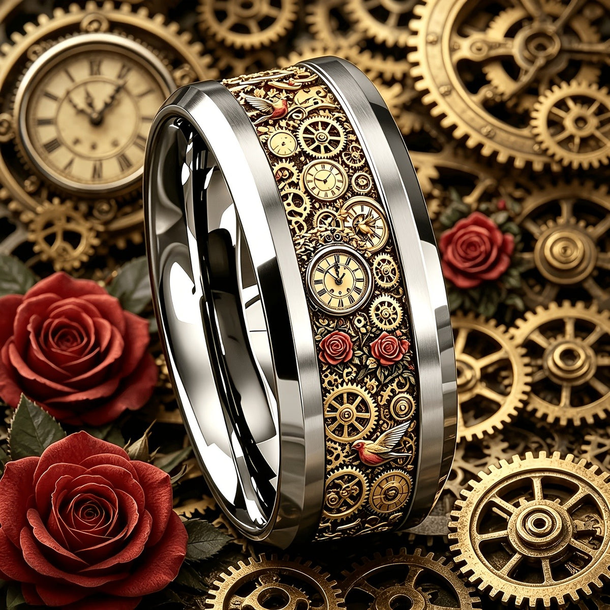 Steampunk Gear & Rose Ring