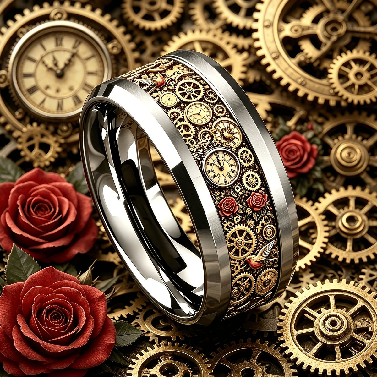 Steampunk Gear & Rose Ring