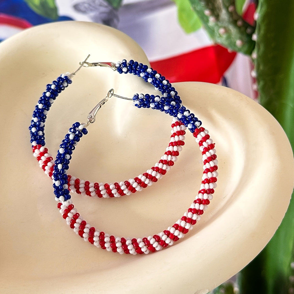 Red White Blue Seed Bead Hoop Earrings