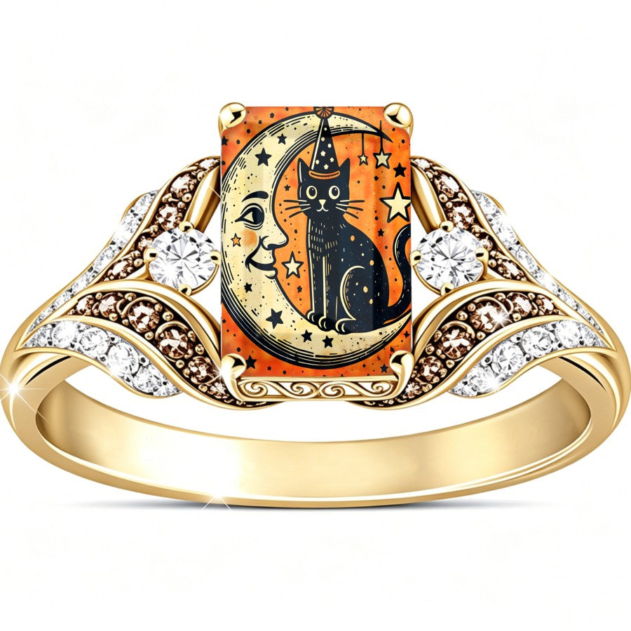 Witch Cat & Crescent Moon Square Ring