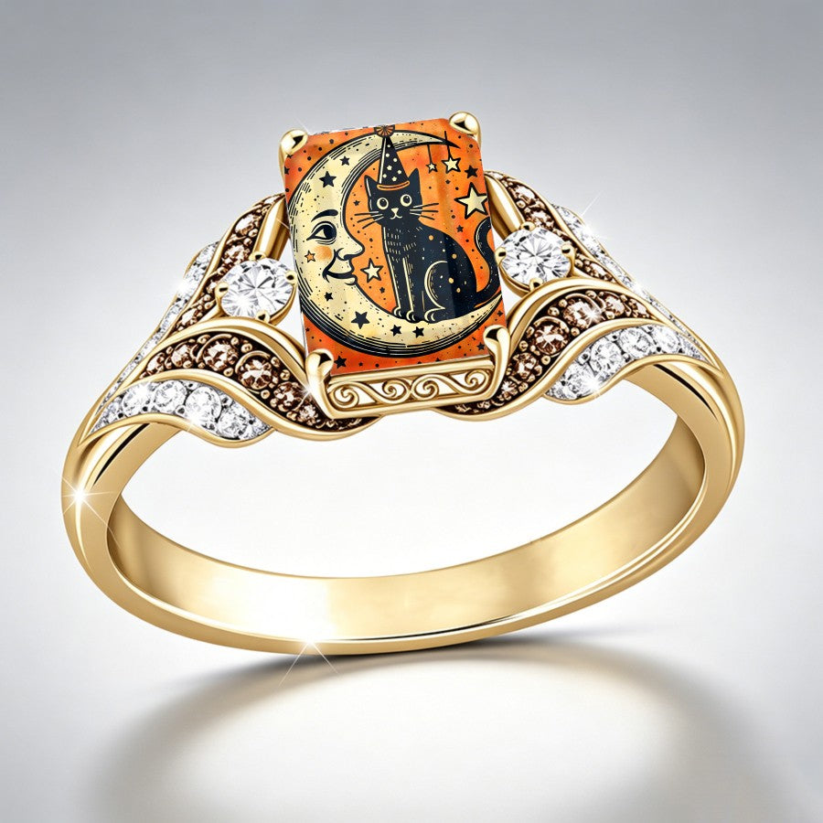 Witch Cat & Crescent Moon Square Ring