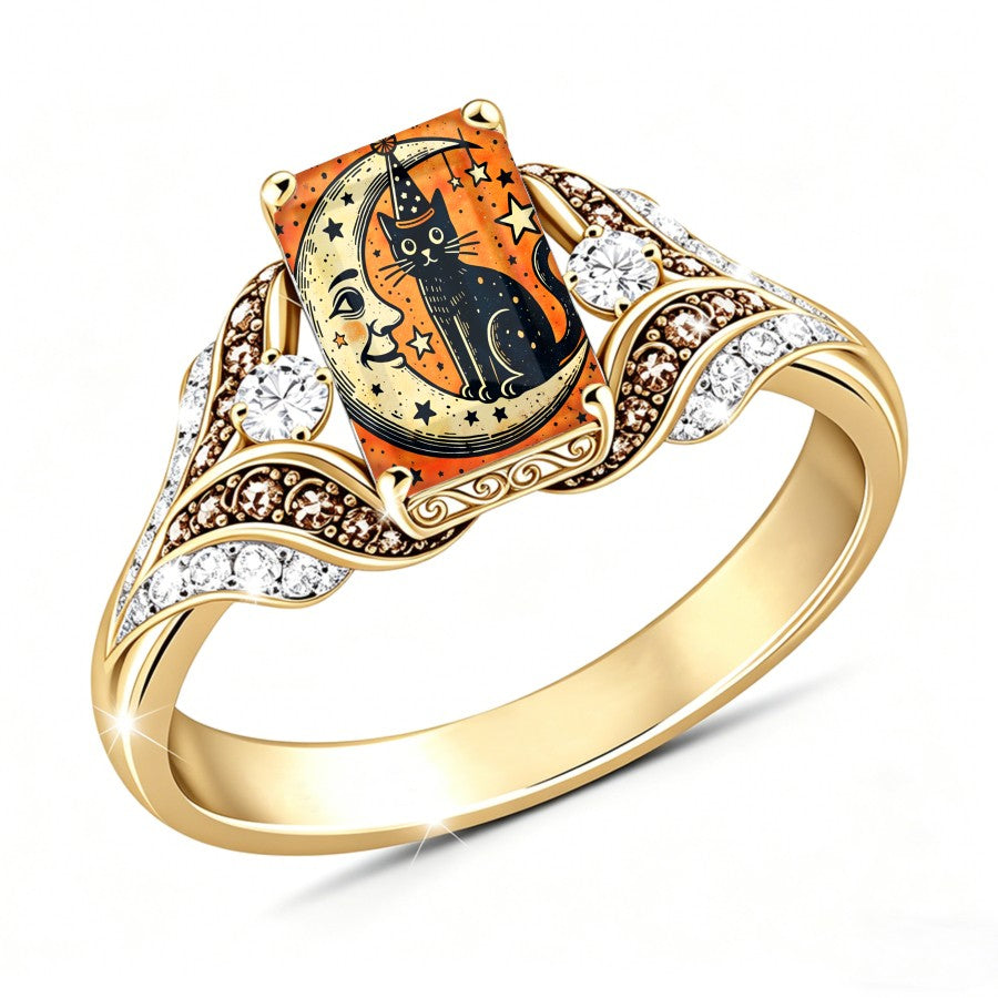 Witch Cat & Crescent Moon Square Ring