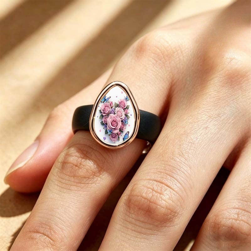 Pink Rose & Butterfly Teardrop Ring