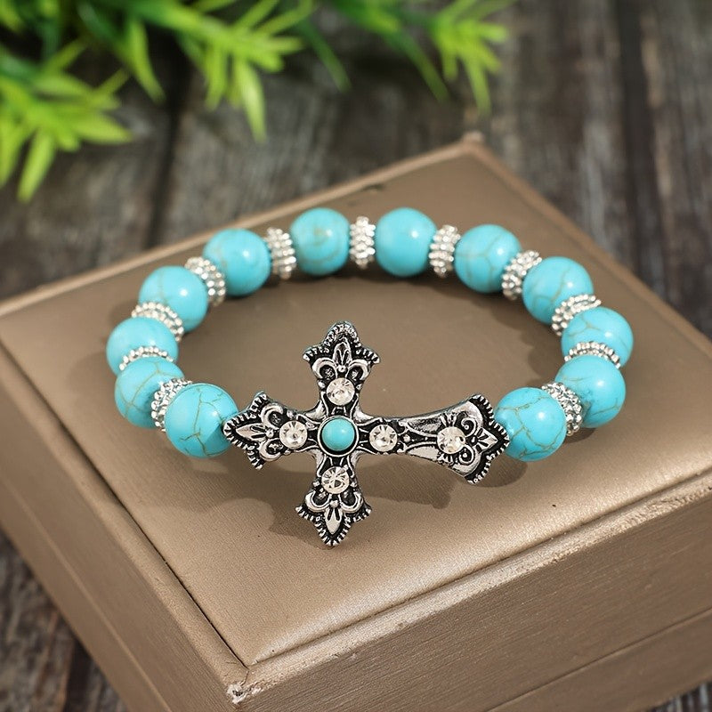 Ornate Cross & Turquoise Bead Bracelet